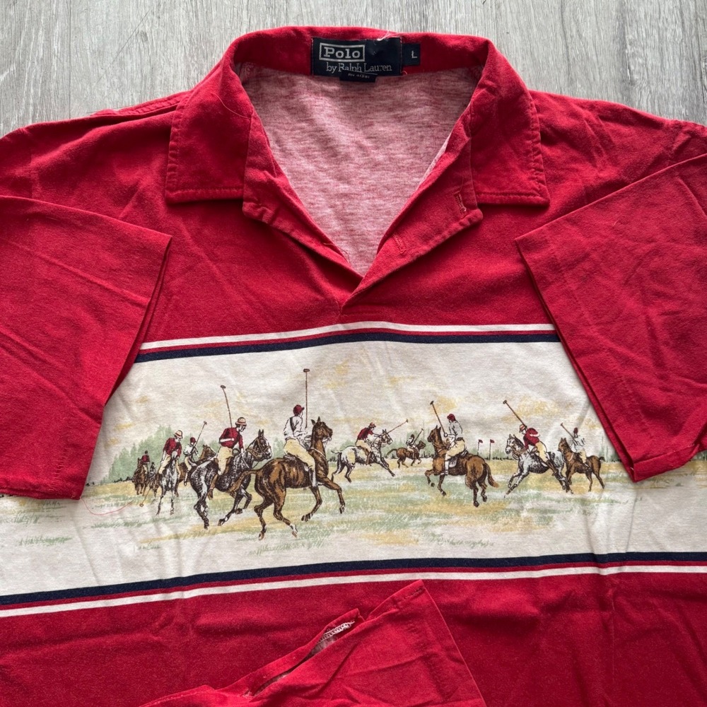 RARE 80s Polo Ralph Lauren Vintage Red Equestrian Polo Match Graphic Shirt Large